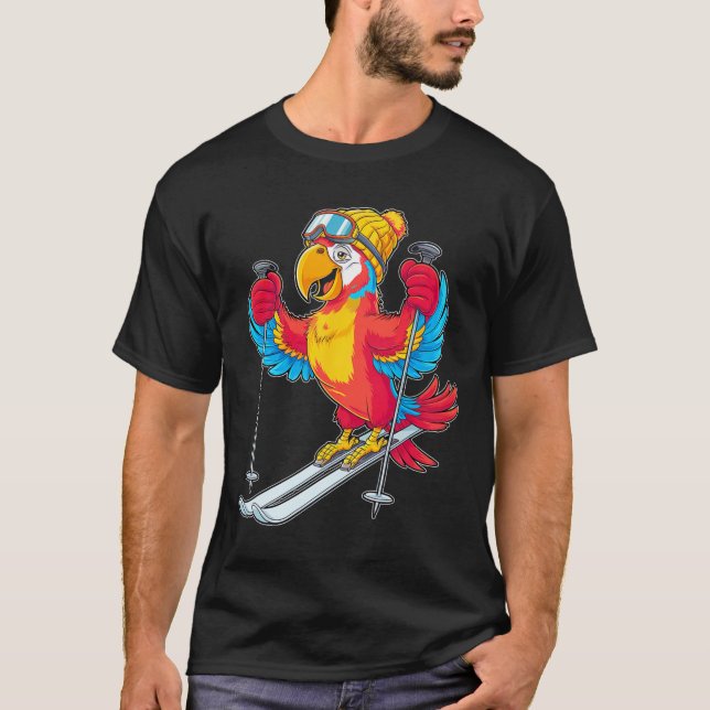 Colorful Parrot Skiing Adventure Winter Fun  T-Shirt (Front)