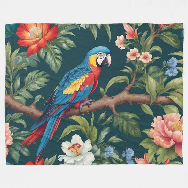 Colorful Parrot Tropical Jungle Leaves Fleece Blanket (Front (Horizontal))