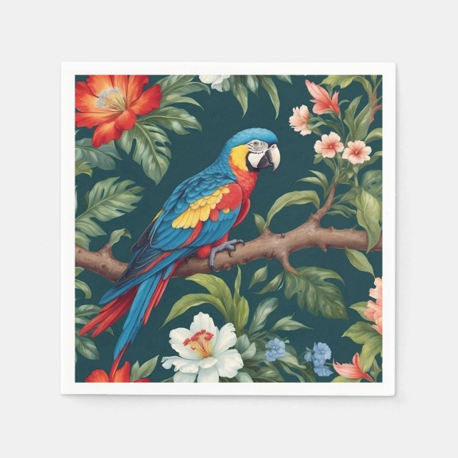 Colorful Parrot Tropical Jungle Leaves Napkins (Front)