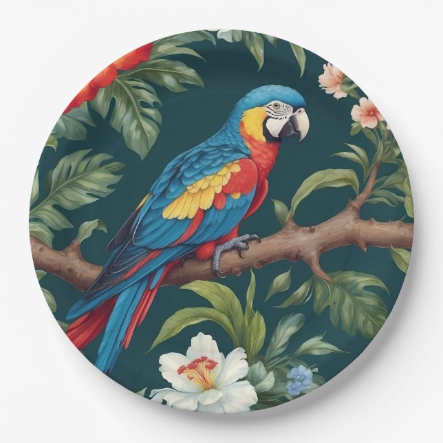 Colorful Parrot Tropical Jungle Leaves Paper Plates (Front)