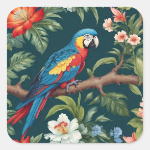 Colorful Parrot Tropical Jungle Leaves Square Sticker