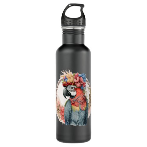 Colorful Parrot Watercolor Macaw Bird Flower Crown Stainless Steel Water Bottle