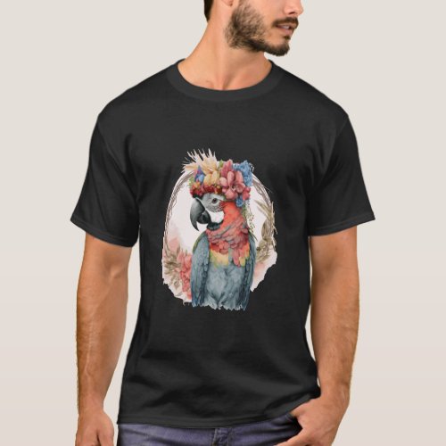 Colorful Parrot Watercolor Macaw Bird Flower Crown T_Shirt