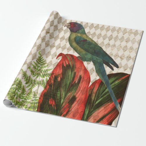 Colorful Parrot with Red Leaves Wrapping Paper