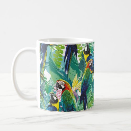 colorful parrots and exotic flowers coffee mug