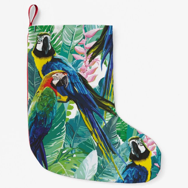 colorful parrots and exotic flowers small christmas stocking (Front)
