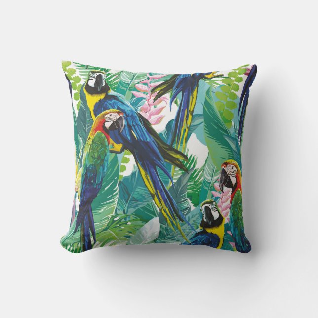 colorful parrots and exotic flowers throw pillow (Front)