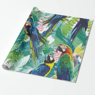 colorful parrots and exotic flowers wrapping paper