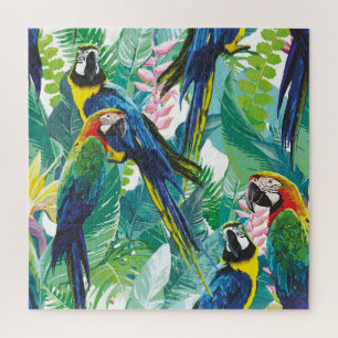 Colorful Parrots: Exotic Floral Mix Jigsaw Puzzle