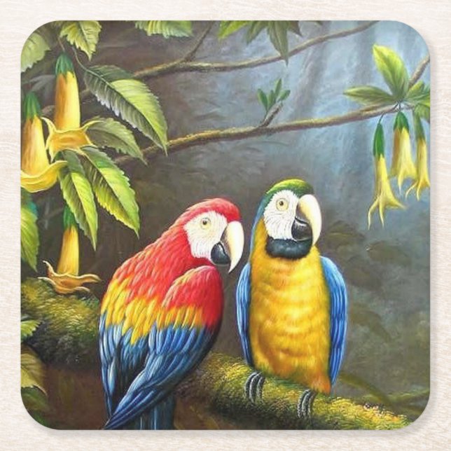 Colorful Parrots Fine Art Square Paper Coaster (Front)