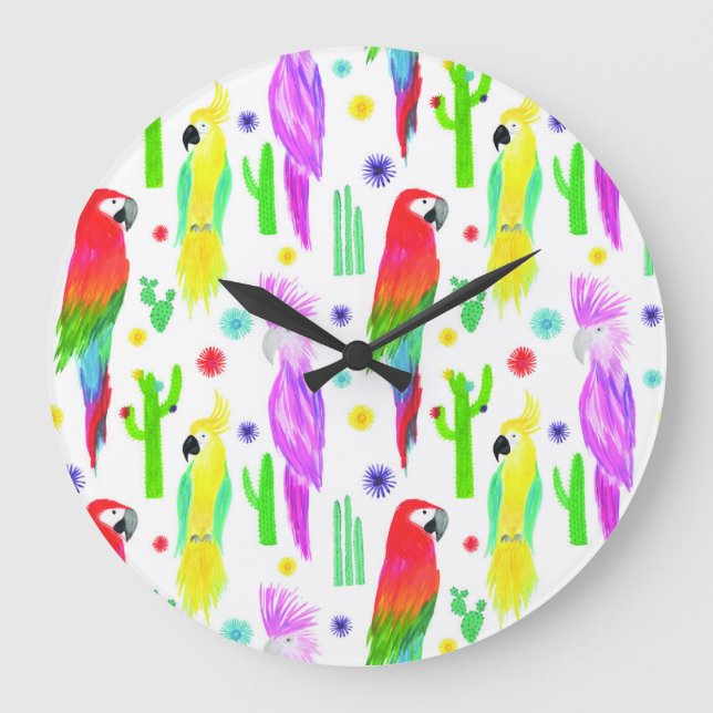 Colorful parrots, hand-drawn pattern. large clock (Front)
