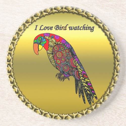 Colorful Parrots in abstract yellow red green blue Sandstone Coaster