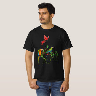 Colorful Parrots on a Branch – Tropical Bird Illus T-Shirt