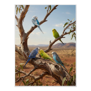 Colorful Parrots On Tree Branch Tropical Birds Fle Poster