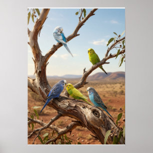 Colorful Parrots On Tree Branch Tropical Birds Fle Poster