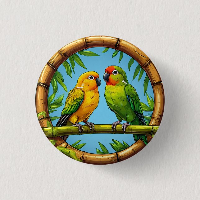 Colorful Parrots Perched on a Bamboo Frame Button (Front)