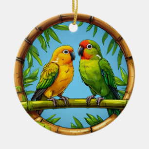 Colorful Parrots Perched on a Bamboo Frame Ceramic Ornament
