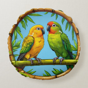 Colorful Parrots Perched on a Bamboo Frame Round Pillow
