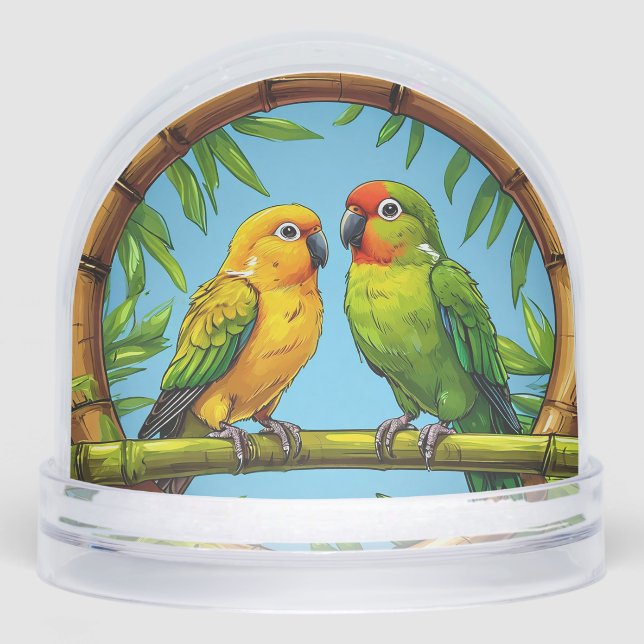 Colorful Parrots Perched on a Bamboo Frame Snow Globe (Front)