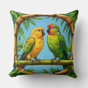 Colorful Parrots Perched on a Bamboo Frame Throw Pillow