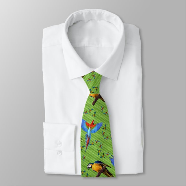 Colorful Parrots Scarlet Blue and Gold Macaw Tie (Tied)