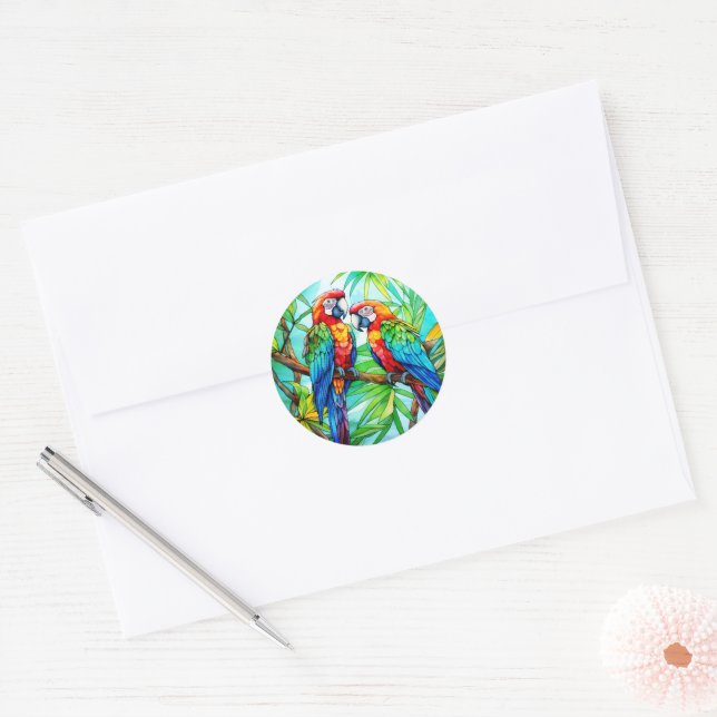 Colorful Parrots Stained Glass Classic Round Sticker (Envelope)