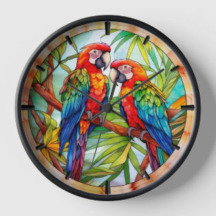 Colorful Parrots Stained Glass Clock