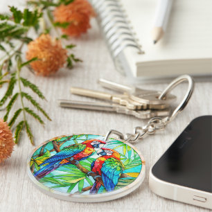 Colorful Parrots Stained Glass Keychain