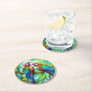 Colorful Parrots Stained Glass Round Paper Coaster