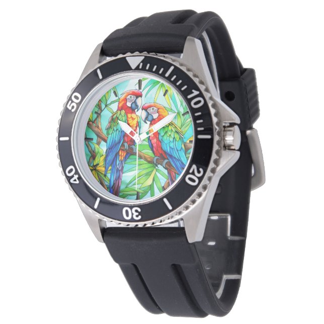 Colorful Parrots Stained Glass Watch (Angled)
