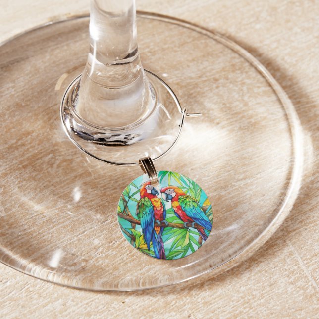 Colorful Parrots Stained Glass Wine Charm (In Situ)