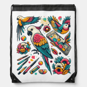 Colorful Parrots Tropical Art Drawstring Bag