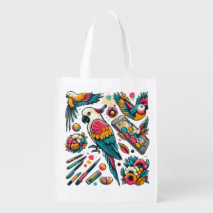 Colorful Parrots Tropical Art Grocery Bag