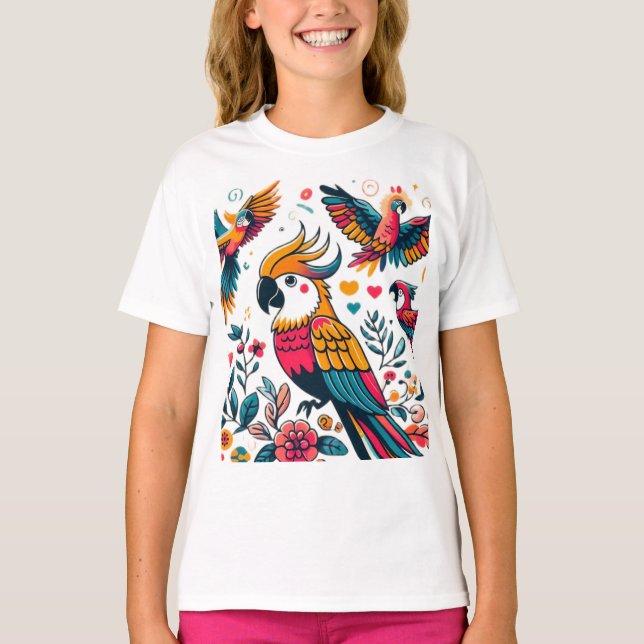 Colorful Parrots Tropical Art T-Shirt (Front)