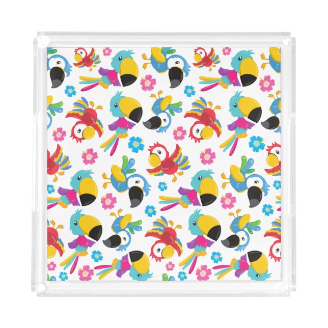 Colorful Parrots, Tropical Parrots, Birds, Flowers Acrylic Tray (Front)