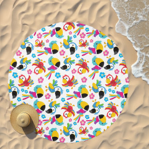 Colorful Parrots, Tropical Parrots, Birds, Flowers Beach Towel