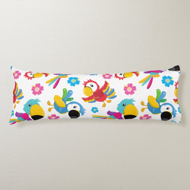 Colorful Parrots, Tropical Parrots, Birds, Flowers Body Pillow (Front)