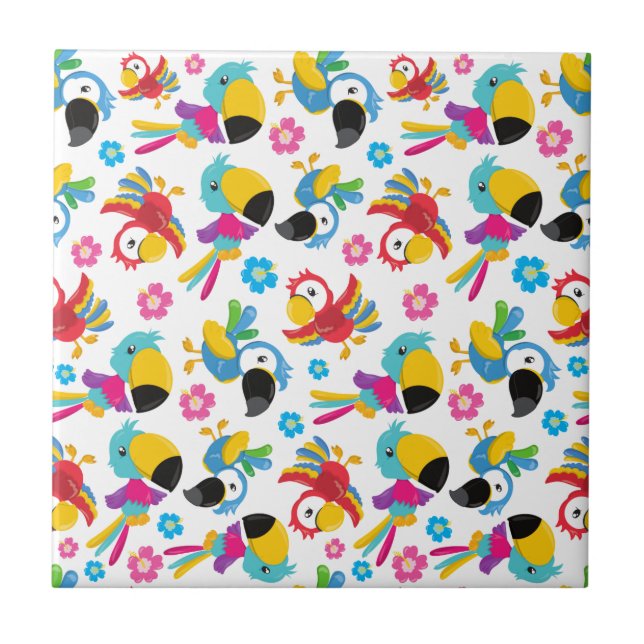 Colorful Parrots, Tropical Parrots, Birds, Flowers Ceramic Tile (Front)