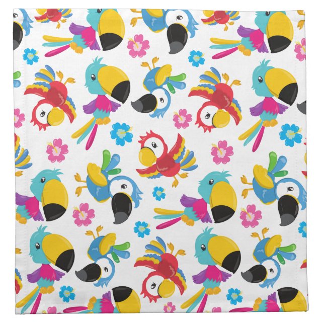Colorful Parrots, Tropical Parrots, Birds, Flowers Cloth Napkin (Front)