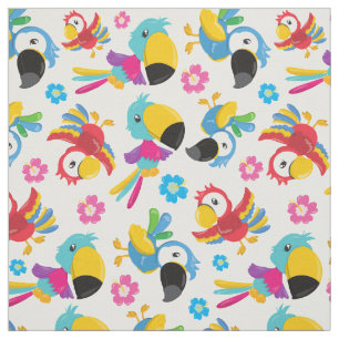 Colorful Parrots, Tropical Parrots, Birds, Flowers Fabric