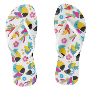 Colorful Parrots, Tropical Parrots, Birds, Flowers Flip Flops