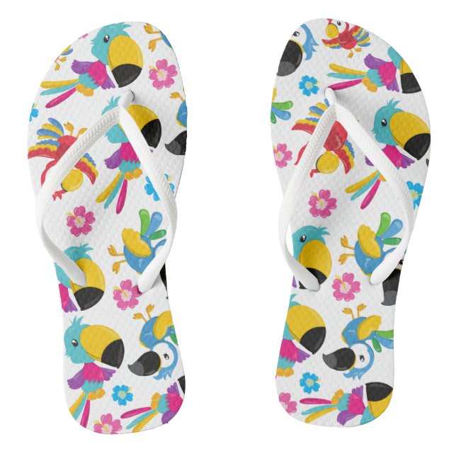 Colorful Parrots, Tropical Parrots, Birds, Flowers Flip Flops (Footbed)