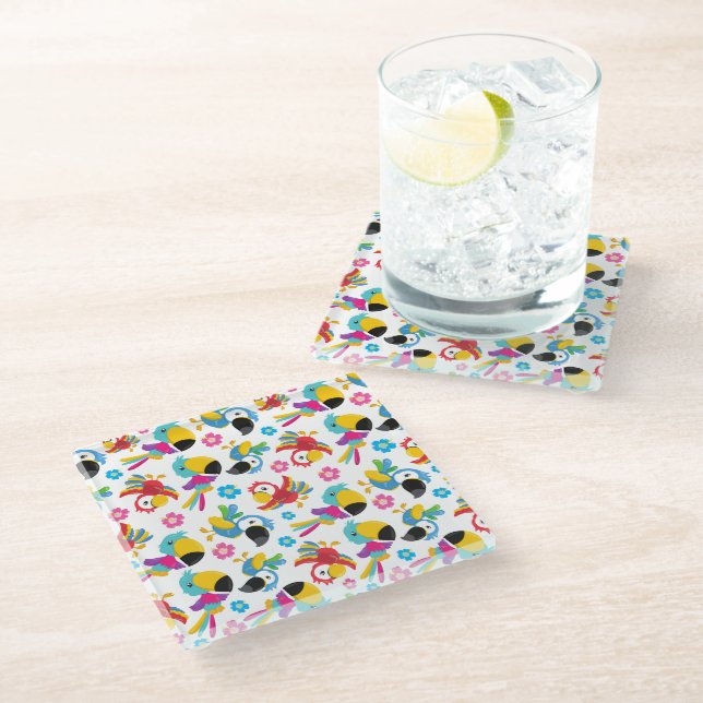 Colorful Parrots, Tropical Parrots, Birds, Flowers Glass Coaster (Angled)