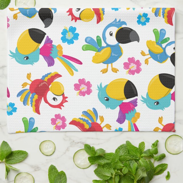 Colorful Parrots, Tropical Parrots, Birds, Flowers Kitchen Towel (Folded)
