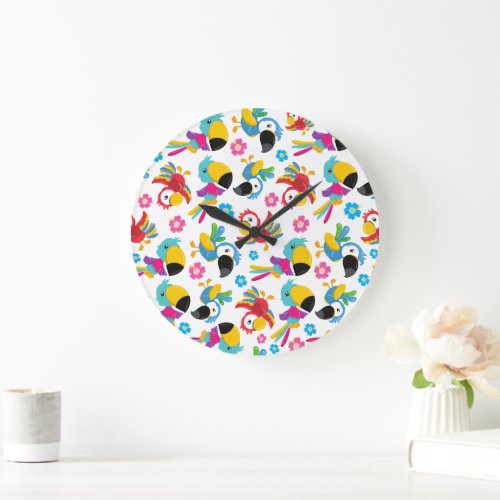 Colorful Parrots Tropical Parrots Birds Flowers Large Clock