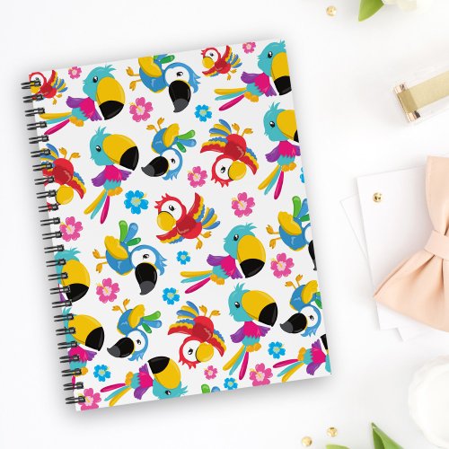 Colorful Parrots Tropical Parrots Birds Flowers Notebook