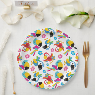 Colorful Parrots, Tropical Parrots, Birds, Flowers Paper Plates