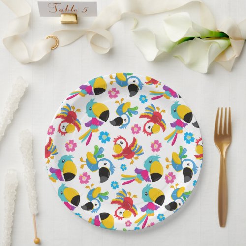 Colorful Parrots Tropical Parrots Birds Flowers Paper Plates