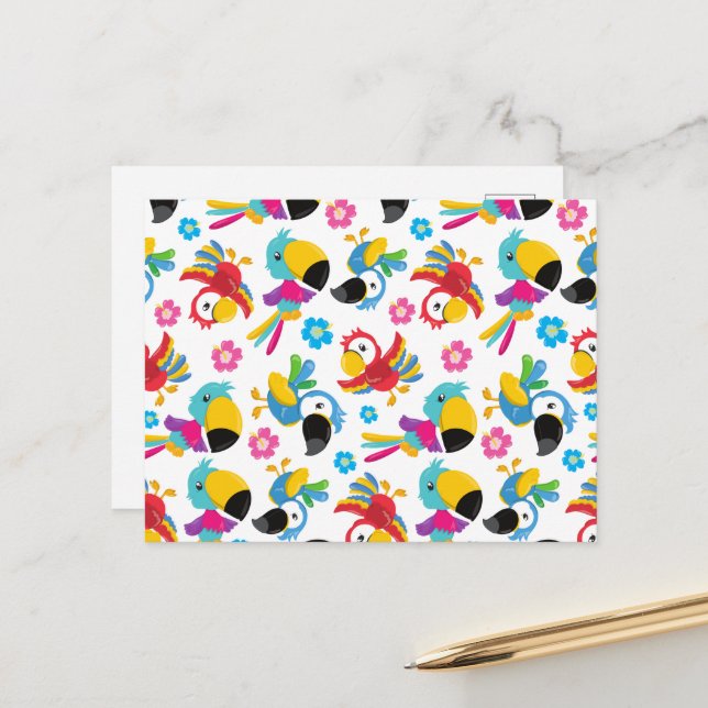 Colorful Parrots, Tropical Parrots, Birds, Flowers Postcard (Front/Back In Situ)