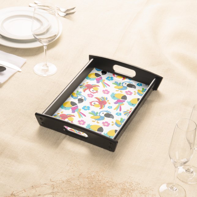Colorful Parrots, Tropical Parrots, Birds, Flowers Serving Tray (Front)